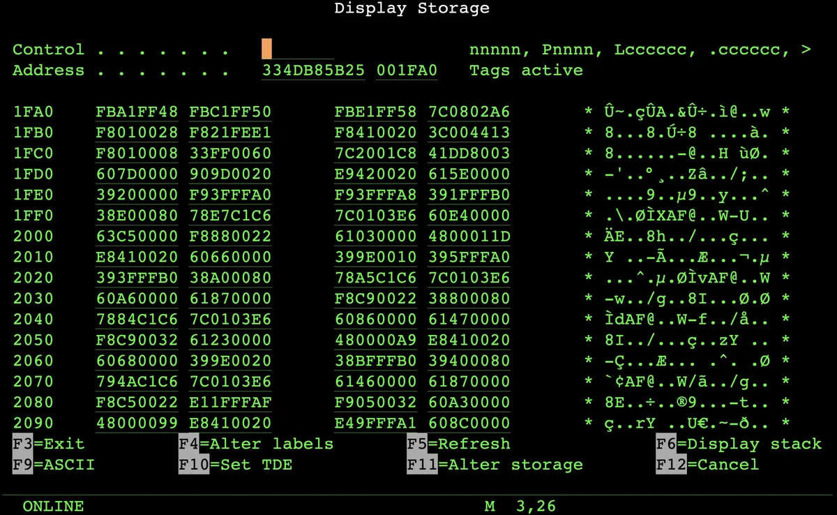 IBM i (AS/400) green-screen terminal showing a Display Storage debug view